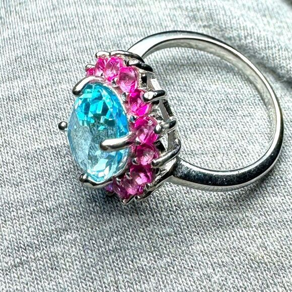 NWOT Blue Topaz 5.20 carat Pink Apatites Sterling Silver Ring Size 7 - Picture 6 of 8